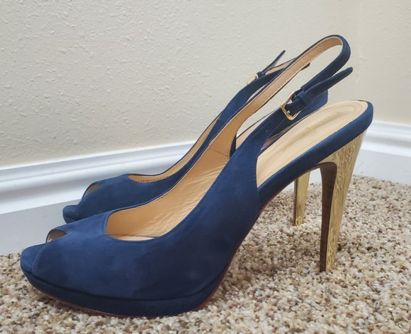 Cole Haan Shoes - Cole Haan Blue Suede Slingback Peep Toe Heels Gold Heel Womens 10B